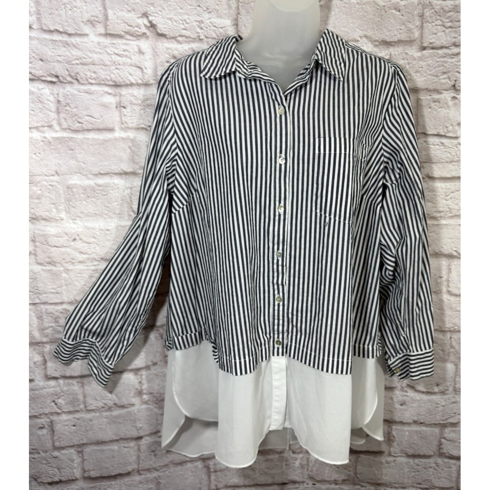 Jane And Delancey Tunic Top Womens 2X Layered Striped Mixed Media Button Chiffon